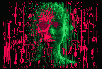 Aufkleber - Collage of binary code and pixelated human face on a dark background. Conceptual vector illustration on the topic of virtual reality and technology.