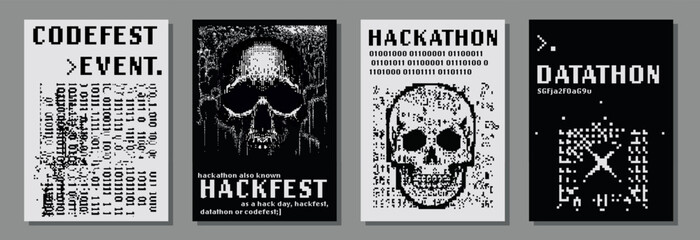 Poster - Set of posters for hackathon (also known as a hack day, hackfest, datathon or codefest) event with pixel art illustrations of glitched skulls.