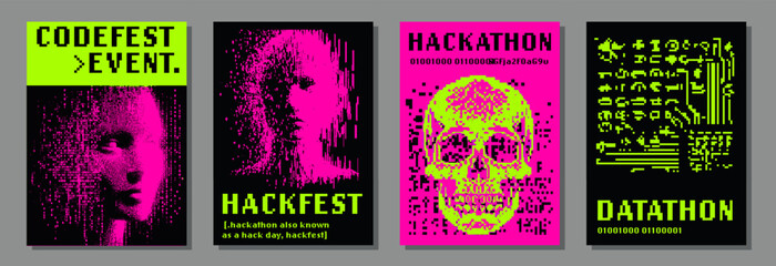 Poster - Set of neon futuristic posters with pixel art illustrations of human head and skull. Covers for hackathon (also known as datathon or codefest).