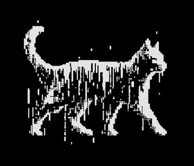 Poster - A pixel black-and-white illustration of a cat set in a simulation of virtual reality.