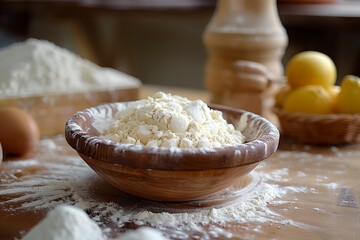 Wall Mural - a bowl of flour sits on a table with other ingredients in the background, including eggs, flour, and lemons