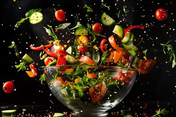 Wall Mural - a glass bowl filled with lots of vegetables flying around it's sides and a black background