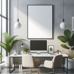 Wall Mural - A computer on a desk office work room in a office room with plants and a picture frame image art harmony has illustrative meaning.