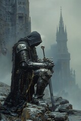 man armor sitting rock sword pensive lonely cathedral influential hooded arch mage standing bravely road somber necro thinker