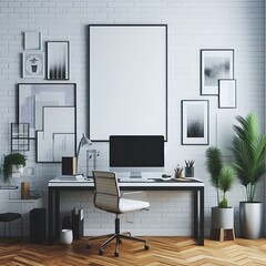 Wall Mural - A computer on a desk office work room with a chair and a plant on the wall image realistic harmony.