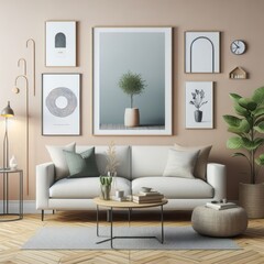 Wall Mural - A living room with a template mockup poster empty white and with a couch and a table image photo lively has illustrative meaning.