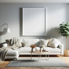 Wall Mural - A living room with a template mockup poster empty white and with a white couch and a plant art harmony card design.