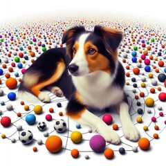 Wall Mural - A dog lying in a circle of balls image art realistic photo illustrator.