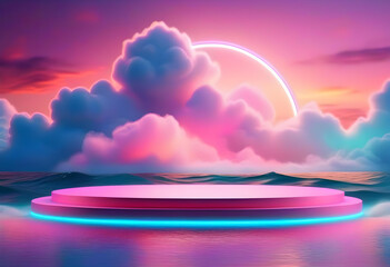 Wall Mural - a product display with a backdrop of a dreamy ocean scene with neon lights