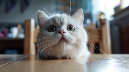 Wall Mural - A white British cat jumped onto the dining table. The cat looks up. 