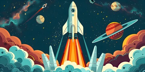 Wall Mural - futuristic rocket spacecraft blasting off into vibrant cosmic adventure