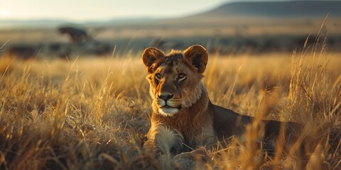 Wall Mural - Majestic Lion Surveying the Vast African Savanna at Golden Hour During an Outdoor Adventure Expedition