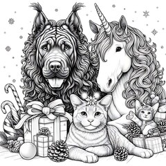 Wall Mural - Many animals include dogs cats unicorns with gifts and presents art harmony has illustrative meaning card design illustrator.