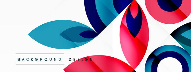 Aufkleber - A vibrant art piece with electric blue circles and carmine leaves on a white background, creating an eyecatching pattern reminiscent of an automotive wheel system