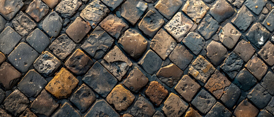 Wall Mural - Close-up overhead photo of a weathered cobblestone path, enhancing historical and vintage projects,