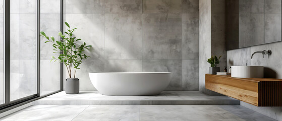 Contemporary minimalist bathroom with large format tiles, concealed cistern, and minimalist decor,