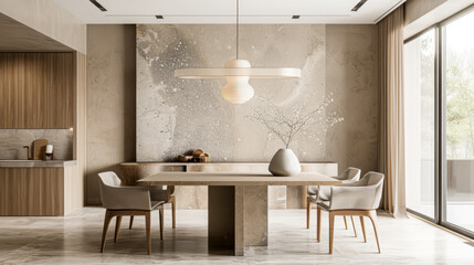 Wall Mural - Contemporary minimalist dining room with a custom beige table, statement light fixture, and muted, earthy tones,