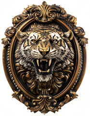 Wall Mural - Painted Bronze Snarling Tiger Head - Victorian Style Oval Medallion Isolated on White