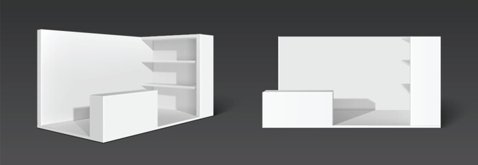 Wall Mural - 3d trade event mockup. White display booth stand. Empty fair wall and corner template. Blank store room for exhibition and presentation front view. Pop up podium render and commercial showroom set