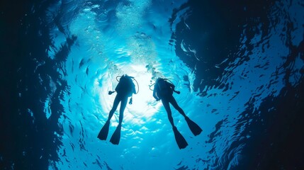 Two divers ascending from the bottom of the blue ocean shot from below