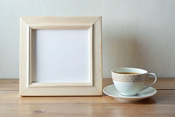 Sticker - Coffee cup and picture frame on wooden table.