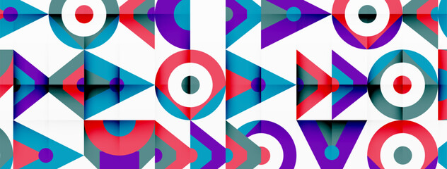 Aufkleber - A vibrant geometric pattern featuring circles and triangles in magenta and electric blue on a white backdrop, displaying symmetry and creativity in textile art