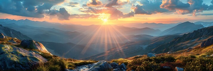 Poster - Mountain scenic view with a creek and sun rays streaming from clouds during sunset realistic nature and landscape