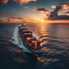 Poster - sunset cargo ship navigating tranquil oceanic trade routes in global logistics network
