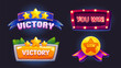 Badge for level or tournament victory game ui design. Cartoon vector illustration set of winner banner with rating stars, ribbons, lamps and green leaves. Emblem trophy for win and achievement.