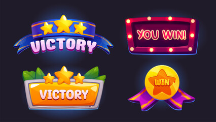 Poster - Badge for level or tournament victory game ui design. Cartoon vector illustration set of winner banner with rating stars, ribbons, lamps and green leaves. Emblem trophy for win and achievement.