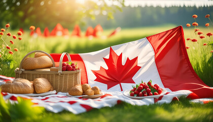 Wrinkled wavy Canadian flag fabric on picnic tablecloth on green grass and flowers field, baskets, red strawberries, cherries fruits, sweet rolls, breads on sunny cheerful Canada or Victoria's Day.
