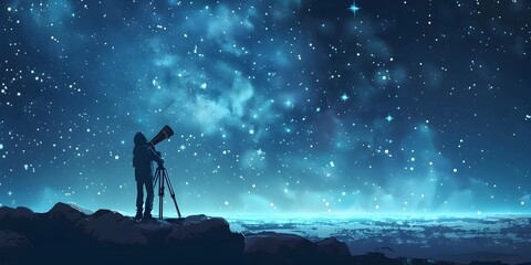 Wall Mural - stargazer silhouette gazing at breathtaking starry night sky milky way galaxy and celestial universe
