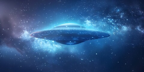 Poster - Unidentified Flying Object Navigating Through Mesmerizing Cosmic Landscape Depicting Astronomical and Space Concepts