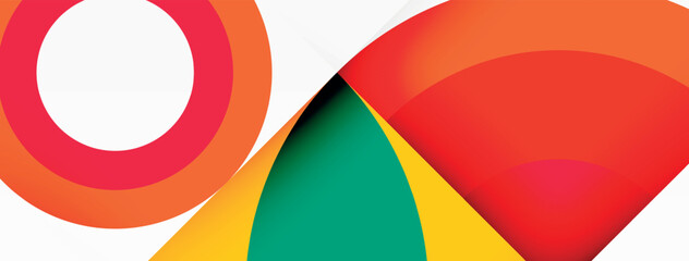 Poster - A closeup shot of a vibrant circle and triangle on a white background, showcasing colorfulness, symmetry, and pattern. The bold colors and geometric shapes create a captivating design