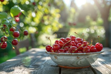 Wall Mural - Fresh red cherries fruit in bowl on table in garden