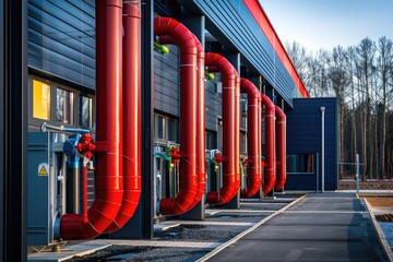 Poster - Modern industrial building with pipes, heat exchangers and valves.