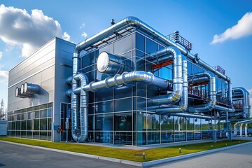 Poster - Modern industrial building with pipes, heat exchangers and valves.