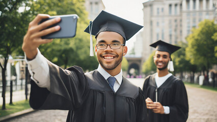 smiling graduate taking selfie with friends on smartphone