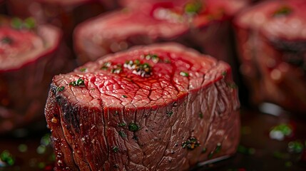 Close-up of rare tenderloin beef, juicy and perfectly cooked, showcasing vibrant red center with detailed texture, studio lighting