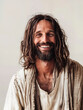 A smiling man who looks like Jesus on a white background. Modern interpretation of the Christian religion. Faith in God
