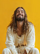 A smiling man who looks like Jesus on a yellow background. Modern interpretation of the Christian religion. Faith in God