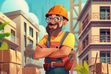 Wall Mural - A cartoon man in a yellow shirt and blue overalls is holding a piece of wood. He is smiling and he is a construction worker