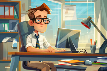 Poster - a cartoon man is sitting at a desk with a computer and a keyboard. he is wearing glasses and a tie. 