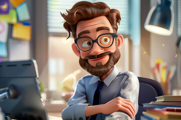 Poster - A man in a business suit is sitting at a desk with a computer monitor and a keyboard. He is smiling and he is happy