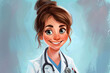 A doctor woman with long brown hair is wearing a white lab coat and a stethoscope. She is smiling and she is happy.