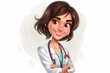 A doctor woman with long brown hair is wearing a white lab coat and a stethoscope. She is smiling and she is happy.