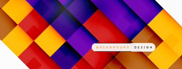 Poster - A vibrant background featuring a geometric pattern of squares in shades of purple, pink, magenta, and violet. The design includes rectangles, triangles, and a tape measure element