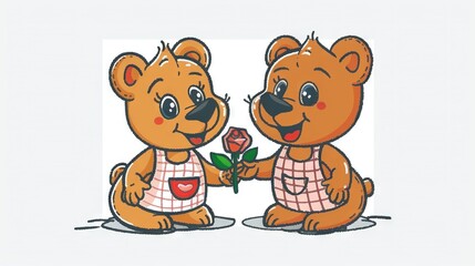 Sticker -   Two brown  bears holding a rose on white background