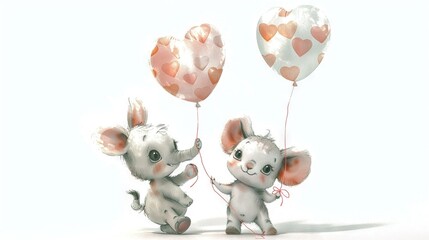 Sticker -   Two elephants stand side by side with heart-shaped balloons on strings hanging from their trunks