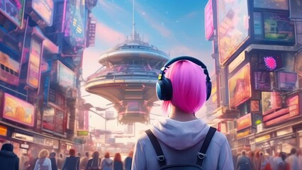 Wall Mural - A person with pink hair and headphones stands in the middle of a bustling cyberpunk city, surrounded by neon signs and futuristic architecture. 